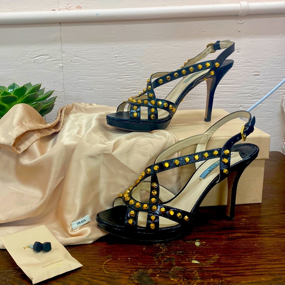 Authentic Prada black gold studded heels